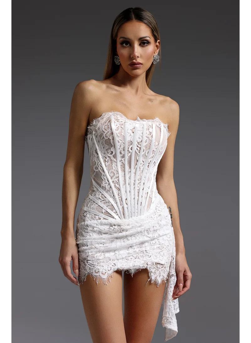 Bella Barnett  Rosel Asymmetric Lace Mini Dress - White for Women | Best Price UAE